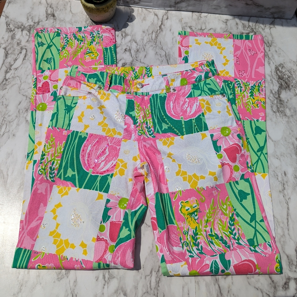 Lilly Pulitzer Vintage White Label Derby Patch Sequin Pants size 2